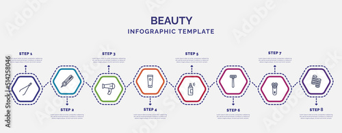 infographic template with icons and 8 options or steps. infographic for beauty concept. included tweezers, , cream tube, hair spray, disposable razor, electric shaver, curlers icons.