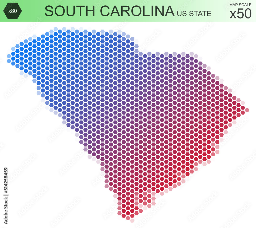 Dotted map of the state of South Carolina in the USA, from hexagons, on a scale of 50x50 elements. With rough edges from the gradient and a smooth gradient from one color to another.