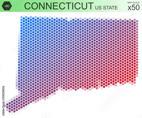 Dotted map of the state of Connecticut in the USA, from hexagons, on a scale of 50x50 elements. With rough edges from the gradient and a smooth gradient from one color to another. photo