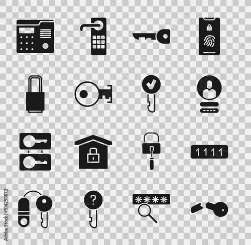Set Broken key, Password protection, Create account screen, Key, Lock, House intercom system and icon. Vector