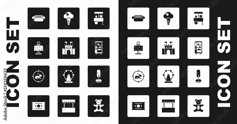 Set Fast street food cart, Castle, Magic ball on table, Hotdog, Vending machine, Ice cream waffle cone, Tree and Hunt rabbit with crosshairs icon. Vector Set Fast street food cart, Castle, Magic ball on table, Hotdog, Vending machine, Ice cream waffle cone, Tree and Hunt rabbit with crosshairs icon. Vector