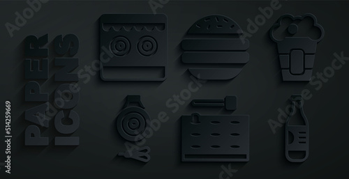 Set Arcade game machine, Popcorn box, Classic dart board and arrow, Bottle of water, Burger and Shooting gallery icon. Vector
