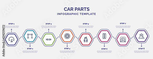 infographic template with icons and 8 options or steps. infographic for car parts concept. included car petrol gauge, car indicator, clutch, luggage rack, cylinder head, ammeter, distributor cap