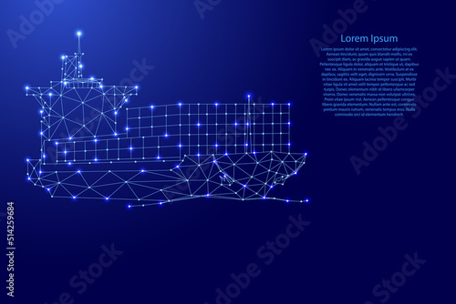 Container ship, from futuristic polygonal blue lines and glowing stars for banner, poster, greeting card. Vector illustration.