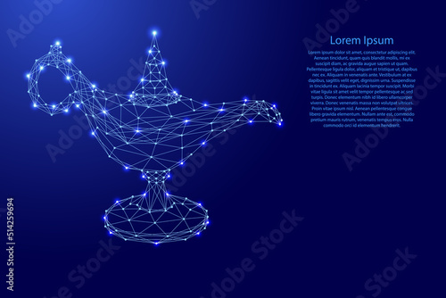 Oil lamp, souvenir kaganets, from futuristic polygonal blue lines and glowing stars for banner, poster, greeting card. Vector illustration.