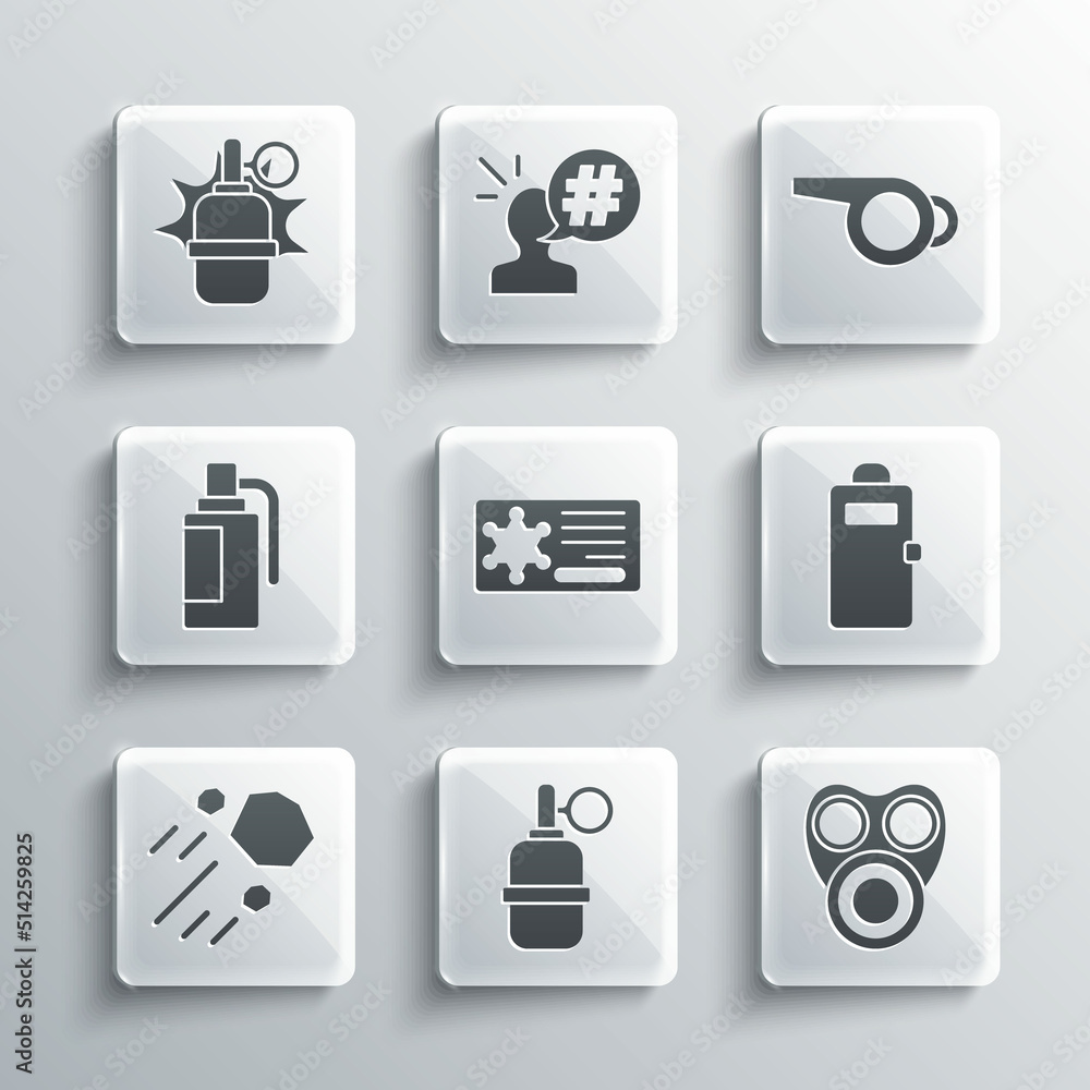 Set Hand grenade, Gas mask, Police assault shield, badge, Flying stone, and Whistle icon. Vector Set Hand grenade, Gas mask, Police assault shield, badge, Flying stone, and Whistle icon. Vector