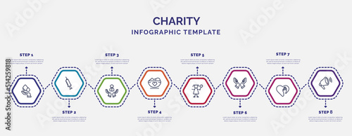 infographic template with icons and 8 options or steps. infographic for charity concept. included blood donation, human, charity food, happy kids, praying, voluntary service, loudspeaker icons.