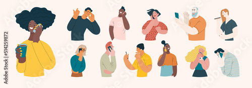 People portraits -Talking on the phone -Modern flat vector concept illustrations of man and women of various races talking on phone, half-length portrait, user avatar. Creative web illustartion set