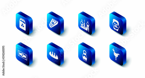 Set Kankles, Saint Basil's Cathedral, Joseph Stalin, Cockerel lollipop, Russian doll matryoshka, Bread loaf, ruble banknote and Jar of honey icon. Vector
