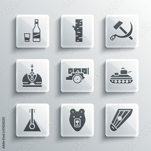 Set Bear head, Kankles, Military tank, Cannon, Balalaika, King crown, Bottle of vodka with glass and Hammer and sickle USSR icon. Vector