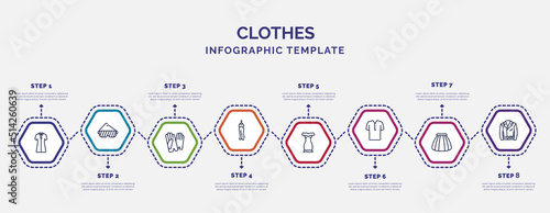 infographic template with icons and 8 options or steps. infographic for clothes concept. included lyocell shirt dress, leather gloves, scarf on hanger, off the shoulder dress, henley shirt, tulle