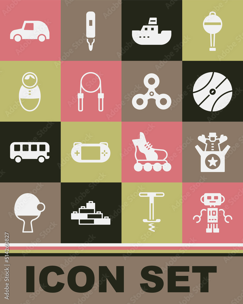 Set Robot toy, Jack in the box, Basketball ball, Toy boat, Jump rope, Tumbler doll, car and Fidget spinner icon. Vector Set Robot toy, Jack in the box, Basketball ball, Toy boat, Jump rope, Tumbler doll, car and Fidget spinner icon. Vector