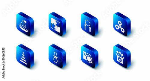 Set Puzzle pieces toy, Jump rope, Fidget spinner, Jack the box, Photo camera, Baby dummy pacifier, Pyramid and Toy boat icon. Vector