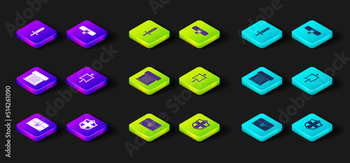 Set Antique treasure chest, Shield, Decree, parchment, scroll, Medieval flag, and sword icon. Vector