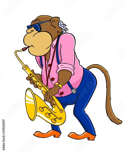 Cartoon elderly monkey performs jazz on the saxophone. Monkey saxophonist. A parody of an elderly jazz saxophonist. Vector color illustration isolated on white.