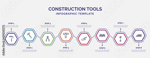 infographic template with icons and 8 options or steps. infographic for construction tools concept. included painter roller, plier, boning rod, trowel, parquet, antique key, brick wall icons.