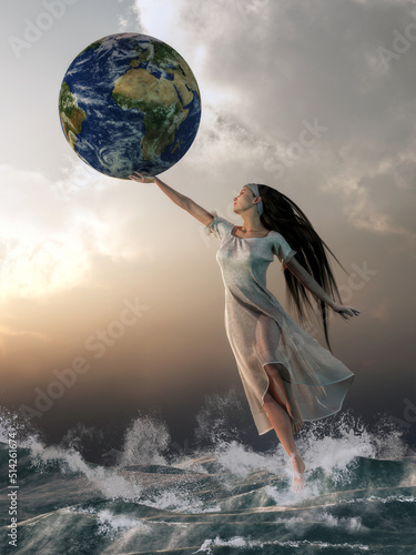 Gaia, the goddess of Earth, with long dark hair and wearing a white dress emerges from roiling seas holding the world in her hand. In Greek mythology, she is mother of the Titans. 3D Rendering