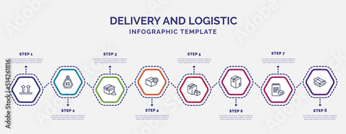 infographic template with icons and 8 options or steps. infographic for delivery and logistic concept. included side up, delivery delay, delivery time, boxes, box, schedule, unpacking icons.