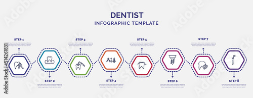 infographic template with icons and 8 options or steps. infographic for dentist concept. included dental checkup, tooth filling, dental hook, sealants, implant fixture, prophylaxis, filler icons.