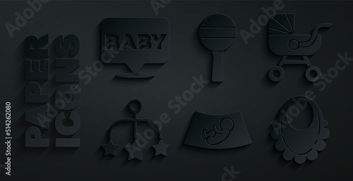 Set Ultrasound of baby, Baby stroller, crib hanging toys, bib, Rattle and icon. Vector