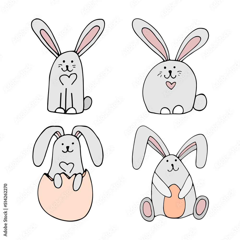Obraz premium Cute doodle bunny with eggs for easter design.