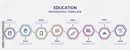 infographic template with icons and 8 options or steps. infographic for education concept. included school agenda, 3d dictionary, florence flask, ballpoint pen, school calendar, basic rainbow, pi