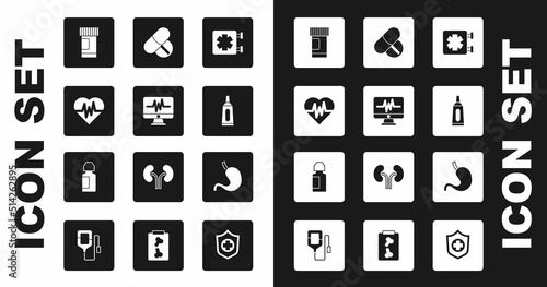 Set Medical symbol of the Emergency, Monitor with cardiogram, Heart rate, Medicine bottle and pills, Ointment cream tube medicine, tablet, Human stomach and Eye drop icon. Vector