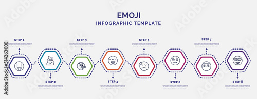 infographic template with icons and 8 options or steps. infographic for emoji concept. included tongue out emoji, lying emoji, grinning dissapointment scared ninja nerd icons.