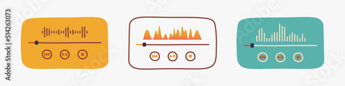 Music player interface. Scroll bar with buttons and sound wave. Set of vector illustrations. EPS 10.