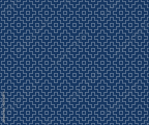Japanese Sashiko seamless pattern. Indigo background. white thin line on blue wallpaper. Vector