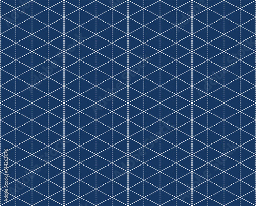 Japanese Sashiko seamless pattern. Indigo background. white thin line on blue wallpaper. Vector