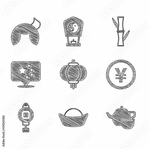 Set Chinese paper lantern, Sushi, tea ceremony, Yuan currency, China flag, Bamboo and fortune cookie icon. Vector