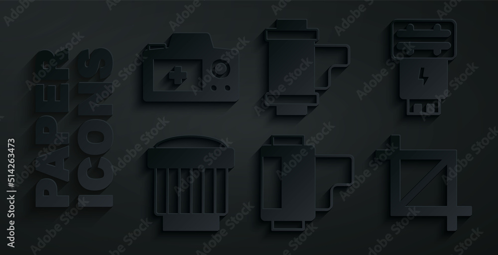 Set Camera roll cartridge, Photo camera flash, photo lens, Picture crop, and icon. Vector Set Camera roll cartridge, Photo camera flash, photo lens, Picture crop, and icon. Vector