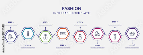infographic template with icons and 8 options or steps. infographic for fashion concept. included smeel, bandages, accessory, outfit, roller skater, cord lace, small toolbox icons.