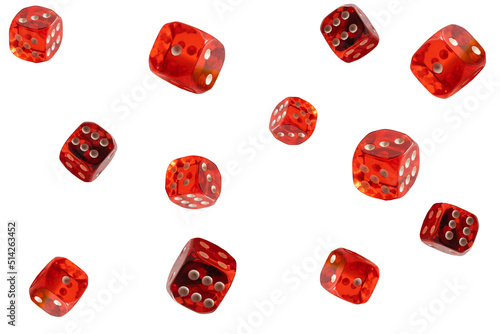 A collection of red dice at different angles isolated on a white background. photo