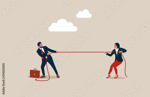Businesswoman and businessman tug of war contest of strength conflict concept.