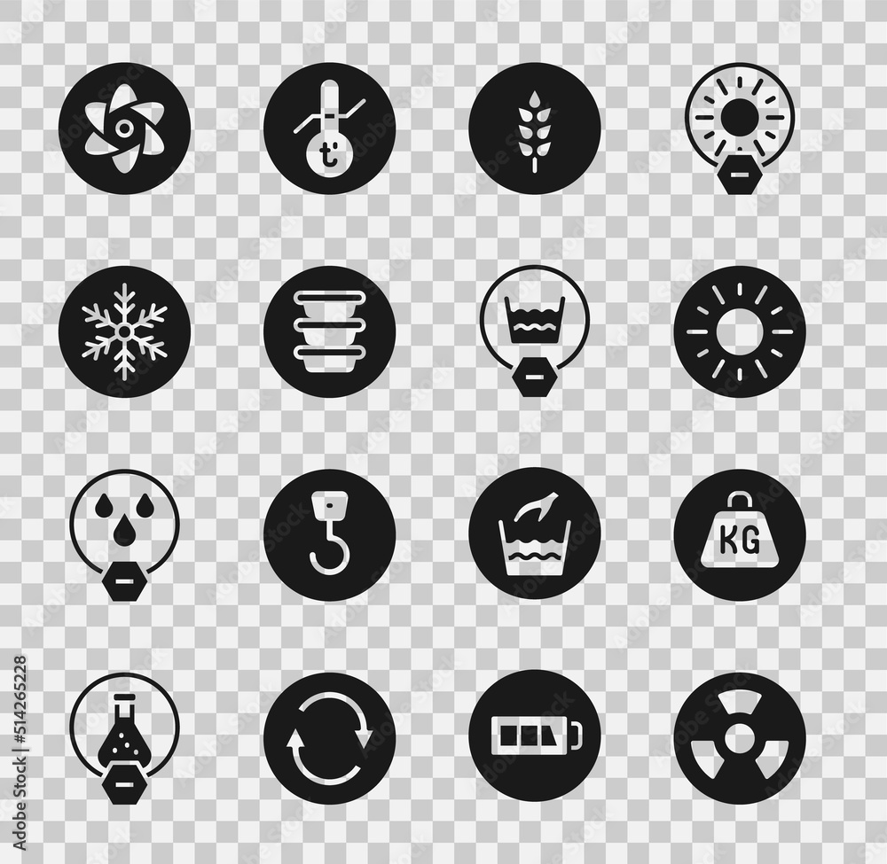 Set Radioactive, Weight, Sun, Wheat, Bowl, Snowflake, Test tube and flask and Delicate wash icon. Vector Set Radioactive, Weight, Sun, Wheat, Bowl, Snowflake, Test tube and flask and Delicate wash icon. Vector