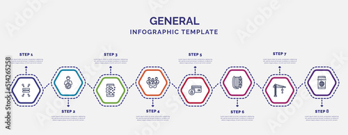 infographic template with icons and 8 options or steps. infographic for general concept. included data aggregation, digital transformation, hr policies, credit limit, filament, building crane,