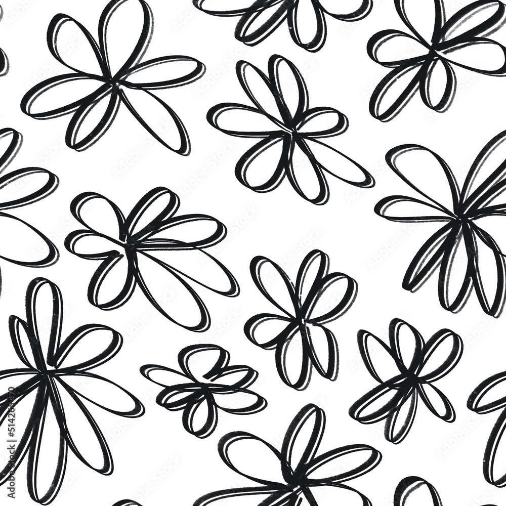 Simple black and white seamless pattern with simple flower illustrations Simple black and white seamless pattern with simple flower illustrations