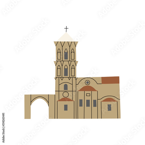 Vector color hand drawn illustration with Church of Saint Lazarus. Larnaka, Cyprus. Stone Orthodox Christian Greek Arhitecture