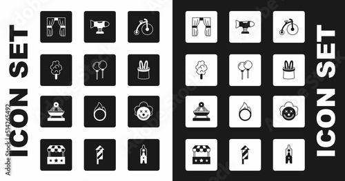Set Vintage bicycle, Balloons with ribbon, Cotton candy, Circus curtain raises, Magician hat rabbit ears, Swing plane, Clown head and Boat swing icon. Vector