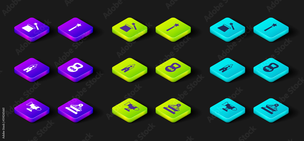 Set Swing plane, Boat swing, Circus ticket, Weight, Magic wand and hat icon. Vector Set Swing plane, Boat swing, Circus ticket, Weight, Magic wand and hat icon. Vector