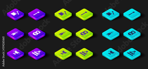 Set Swing plane, Boat swing, Circus ticket, Weight, Magic wand and hat icon. Vector