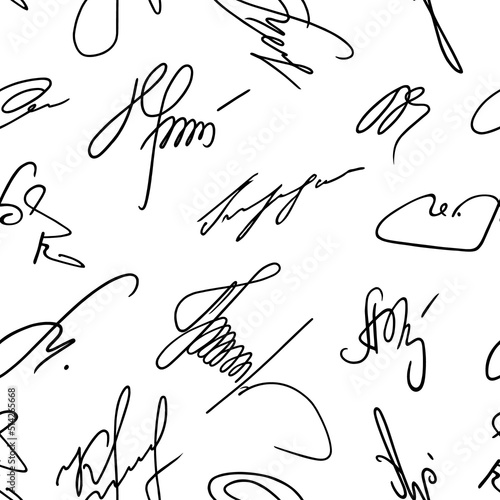 Seamless pattern signature. Repeated hand drawn autograph. Black scrawl signature on white background. Handwritten name. Handwriting scribbles by pen. Repeating written sketch. Writing line. Vector