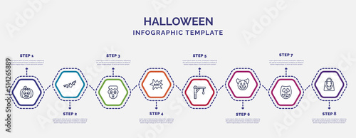 infographic template with icons and 8 options or steps. infographic for halloween concept. included pumpkins lantern, fear, boo, gallows, clown smile, facial mask, halloween bag icons.