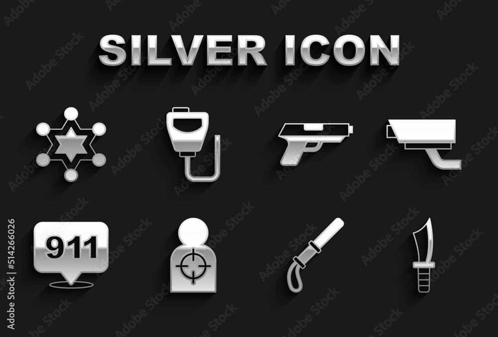 Set Human target sport for shooting, Security camera, Military knife, Police rubber baton, Telephone call 911, Pistol gun, Hexagram sheriff and Walkie talkie icon. Vector Set Human target sport for shooting, Security camera, Military knife, Police rubber baton, Telephone call 911, Pistol gun, Hexagram sheriff and Walkie talkie icon. Vector