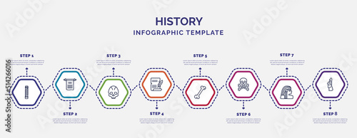 infographic template with icons and 8 options or steps. infographic for history concept. included pillars, fossil, poster, bone, skeleton, egypt, moais icons.