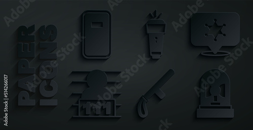 Set Police rubber baton, Hexagram sheriff, Suspect criminal, Flasher siren, Flashlight and assault shield icon. Vector