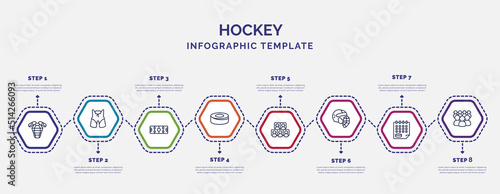 infographic template with icons and 8 options or steps. infographic for hockey concept. included armour, hockey pitch, puck, visitors, hockey helmet, schedule, audience icons.