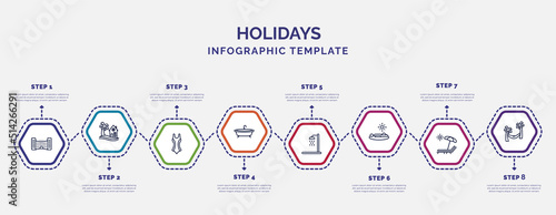 infographic template with icons and 8 options or steps. infographic for holidays concept. included hotel building, swimming suit, bathtube, bathing, sunbathing, sunbath, hammock relaxing icons.